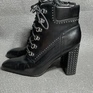 Sigerson Morrison Valora Studded Lace Up Block Heel Booties Womens Size 8B Black